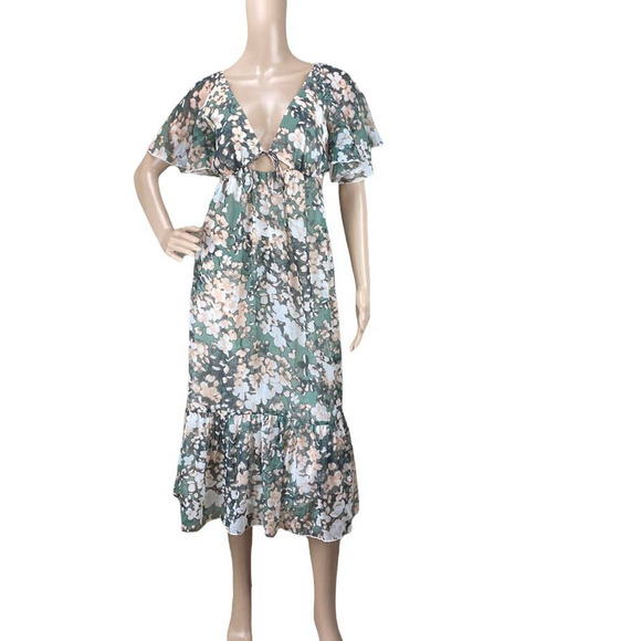 New ASOS Design Green Peach Blurred Floral Print Tie Front Cutout Midi Dress 8 - Picture 4 of 11